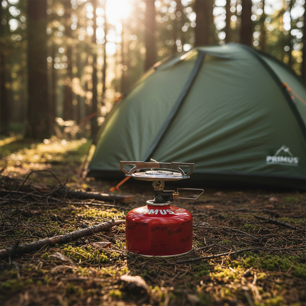 Palnik kempingowy — zdjęcie po obróbce AI, lifestyle w lesie